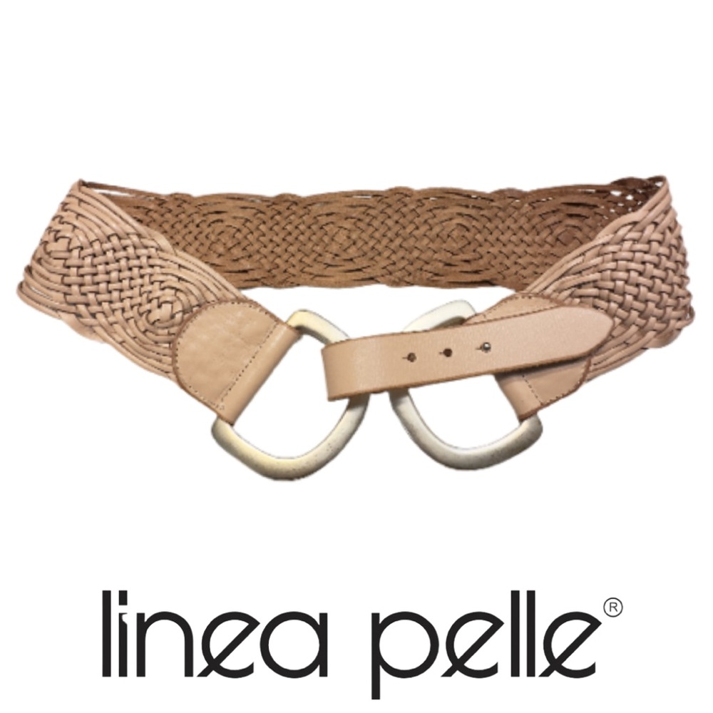 Linea Pelle Braided Leather Belt in Light Tan with Gold Buckles